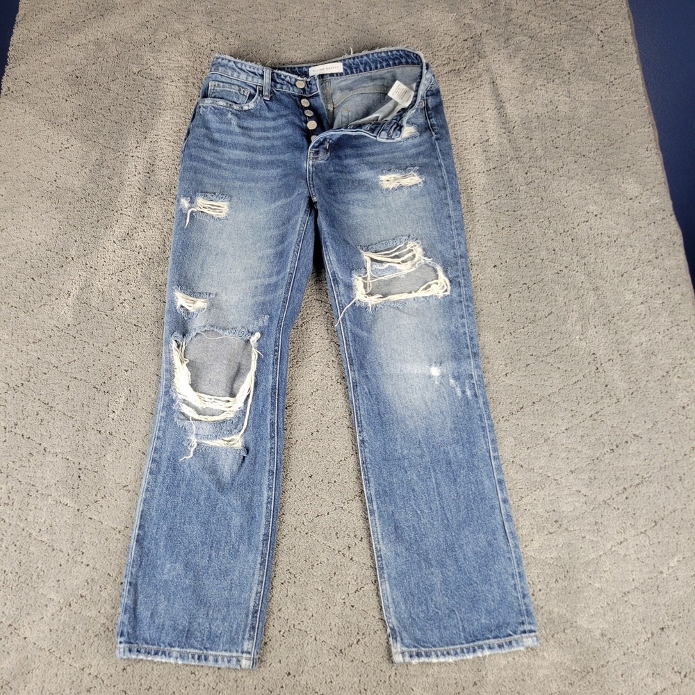 Flying Monkey Jeans Womens 28 Blue Button Fly Straight Distressed Ripped Whisker